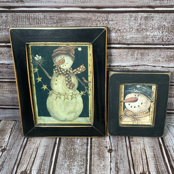 Lot of 2 PJ Rankin Hults Folk Art Print Framed Paper Snowman Picture Frames - Picture 1 of 4